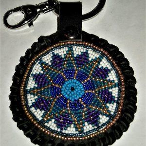 Native American Hand Beaded 3"  Blue Star Medallion Keychain